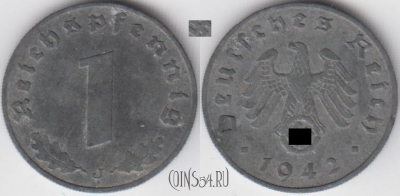 Германия (Третий рейх) 1 рейхспфенниг 1942 года J, KM 97, 120-033