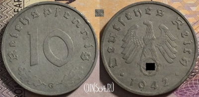 Германия (Третий рейх) 10 рейхспфеннигов 1942 года G, KM# 101, 163-055