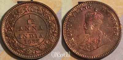 Индия (Британская) 1/12 анна 1933 года, KM# 509, 158-077