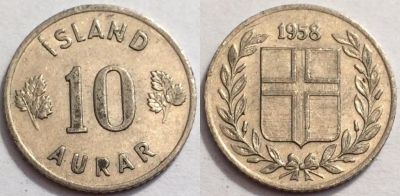 Исландия 10 эйре 1958 года, KM# 10, 72-028a