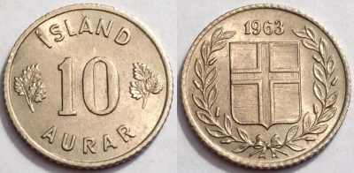Исландия 10 аурар 1963, см. состояние, 72-030b