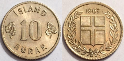 Исландия 10 эйре 1967 года, KM# 10, 072-032b