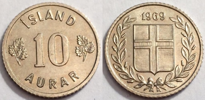 Исландия 10 аурар 1969, см. состояние, 72-036b