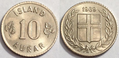 Исландия 10 аурар 1969, см. состояние, 72-037a