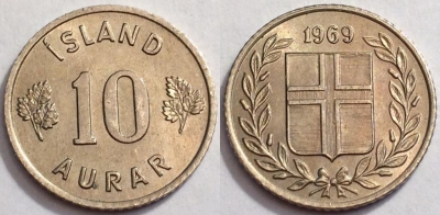 Исландия 10 эйре 1969 года, KM# 10, 72-038a
