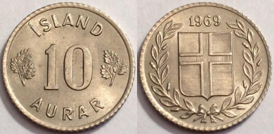 Исландия 10 аурар 1969, см. состояние, 72-038b