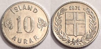 Исландия 10 аурар 1971, см. состояние, 72-039a