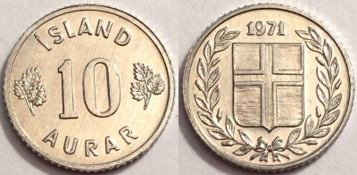 Исландия 10 аурар 1971, см. состояние, 72-039b