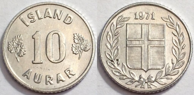 Исландия 10 аурар 1971, см. состояние, 72-040b