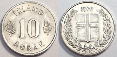 Исландия 10 аурар 1971, см. состояние, 80-068b