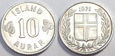 Исландия 10 аурар 1971, см. состояние, 80-069a