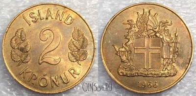 Исландия 2 кроны 1966 года, KM# 13a.1, a077-095