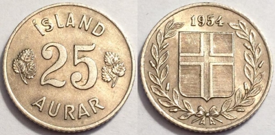 Исландия 25 эйре 1954 года, KM# 11, 72-011b
