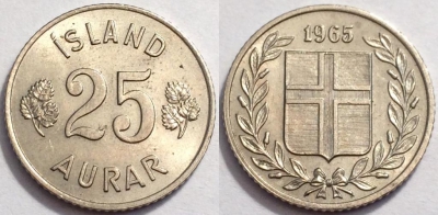 Исландия 25 эйре 1965 года, KM# 11, 072-017a