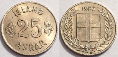 Исландия 25 эйре 1966 года, KM# 11, 72-018a