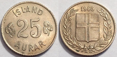 Исландия 25 аурар 1966, см. состояние, 72-018b