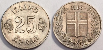 Исландия 25 аурар 1966, см. состояние, 80-069b