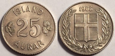 Исландия 25 эйре 1966 года, KM# 11, 81-030b