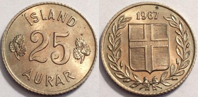 Исландия 25 аурар 1967, см. состояние, 72-015a