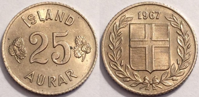 Исландия 25 аурар 1967, см. состояние, 72-015b