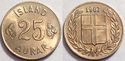 Исландия 25 эйре 1967 года, KM# 11, 072-016b
