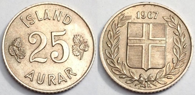 Исландия 25 аурар 1967, см. состояние, 80-051b