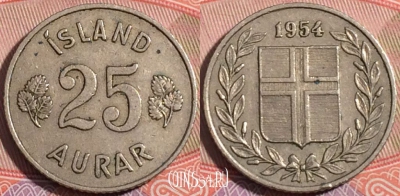 Исландия 25 эйре 1954 года, KM# 11, 72-011b