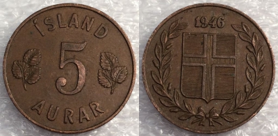 Исландия 5 аурар 1946, см. состояние, 77-011b