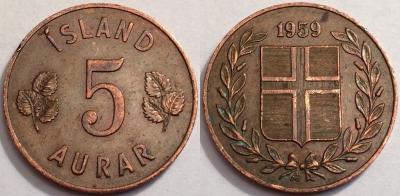 Исландия 5 эйре 1959 года, KM# 9, 72-043a
