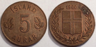 Исландия 5 эйре 1960 года, KM# 9, 072-044a