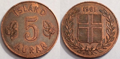 Исландия 5 аурар 1961, см. состояние, 72-044b