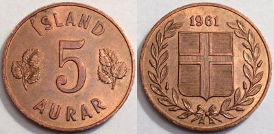 Исландия 5 эйре 1961 года, KM# 9, 72-045a