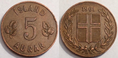 Исландия 5 аурар 1961, см. состояние, 72-045b