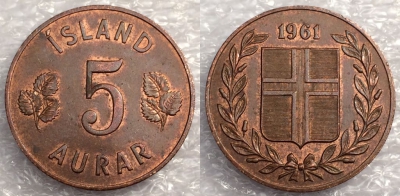Исландия 5 аурар 1961, см. состояние, 77-055a