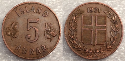 Исландия 5 аурар 1961, см. состояние, 77-059b