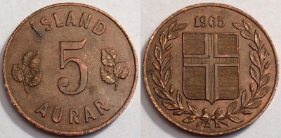 Исландия 5 эйре 1965 года, KM# 9, 72-047a