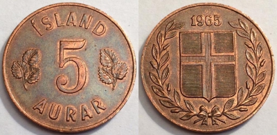 Исландия 5 аурар 1965, см. состояние, 72-047b
