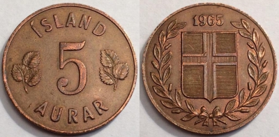 Исландия 5 аурар 1965, см. состояние, 72-048a