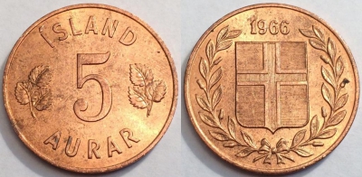 Исландия 5 аурар 1966, см. состояние, 72-048b
