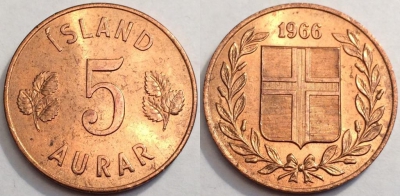 Исландия 5 аурар 1966, см. состояние, 72-049a