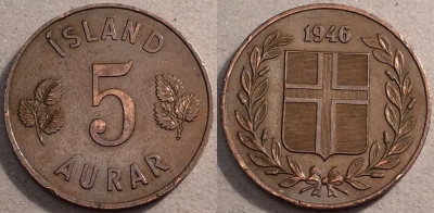 Исландия 5 эйре 1946 года, KM# 9, 087-013b