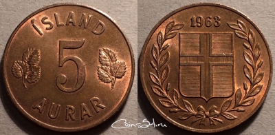 Исландия 5 эйре 1963 года, KM# 9, 87-026a