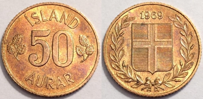 Исландия 50 эйре 1969 года, KM# 17, 72-020b