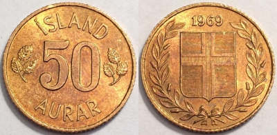 Исландия 50 эйре 1969 года, KM# 17, 72-021b