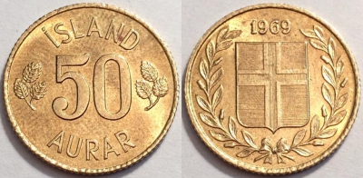 Исландия 50 эйре 1969 года, KM# 17, 72-025a