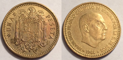 Испания 1 песета 1966, см. состояние, 70-024a