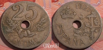 Испания 25 сентимо 1927 года, KM# 742, 181-008