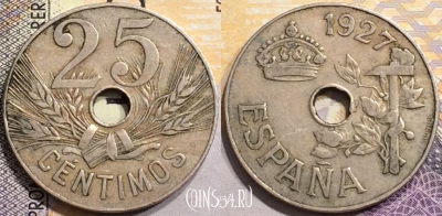 Испания 25 сентимо 1927 года, Король Альфонсо XIII, KM# 742, a080-009
