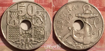 Испания 50 сентимо 1963 года, 64 внутри ☆, KM# 777,
