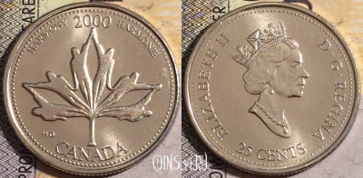 Канада 25 центов 2000 года, KM# 377, UNC, 160-112
